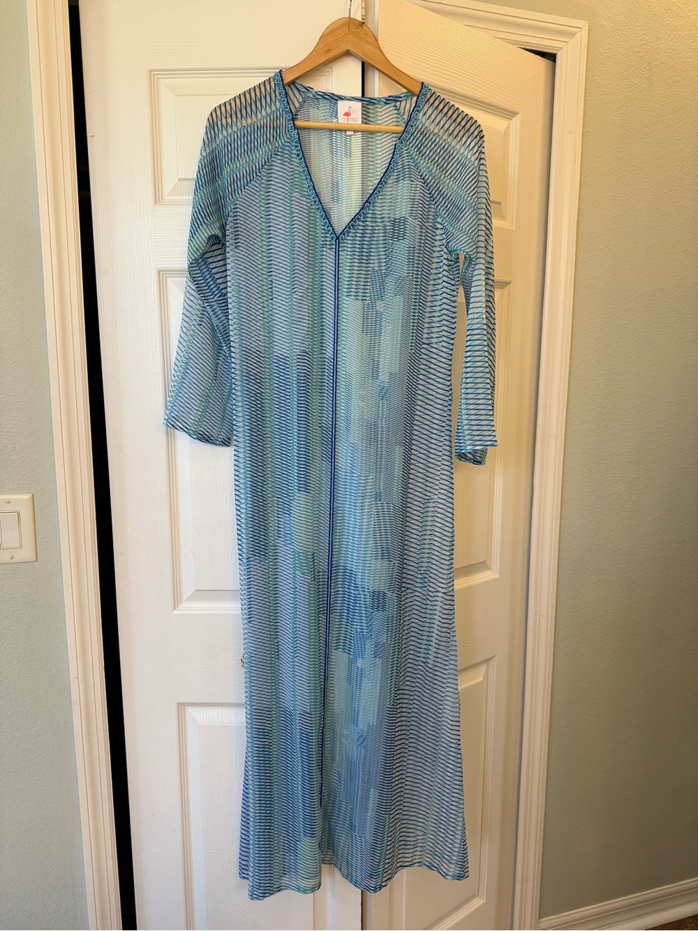 Nimo With Love sheer blue mix print caftan beach dress or resort cover-up beaded